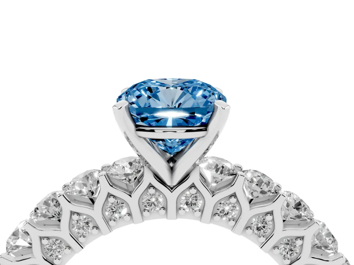 Fancy Blue Cushion Cut Diamond Solitaire Ring with Shared Prong Pavé Band and Four-Prong Setting Silver