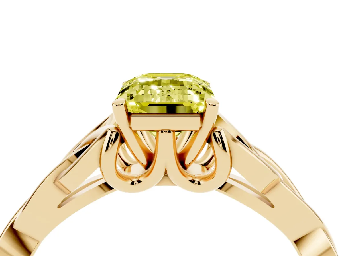 Fancy Yellow Emerald Cut Diamond Solitaire Engagement Ring with Celtic Knot Band and Four-Prong Setting Yellow gold