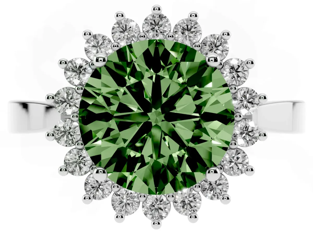 Fancy Green Round Cut Cut Diamond Halo Ring with Round Brilliant Halo and Solitaire Band Platinum