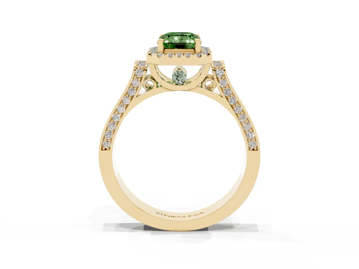 Fancy Green Emerald Cut Halo Round Diamond Twist Band with Four-Prong Setting Yellow gold