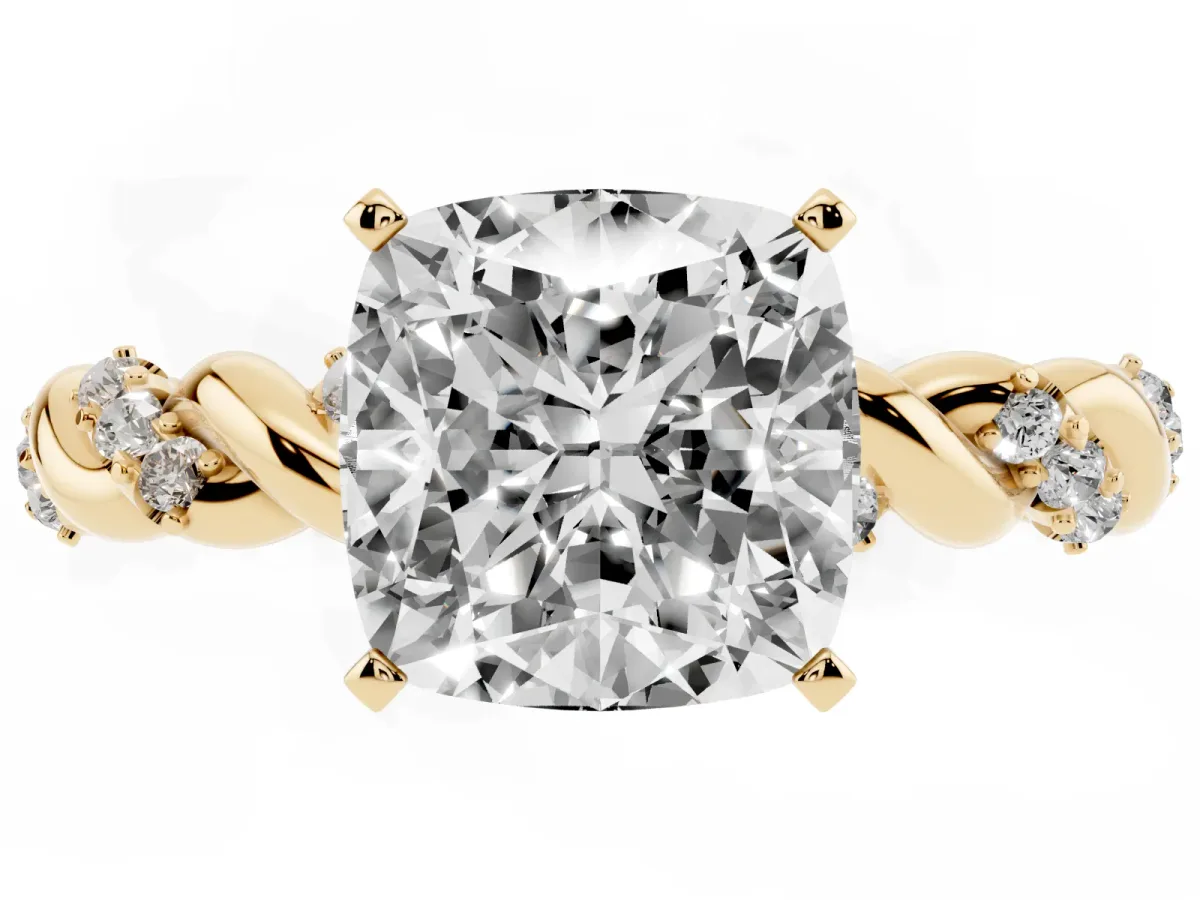 Cushion Cut Diamond Solitaire Ring with Twisted Band and Pavé Accents Yellow gold