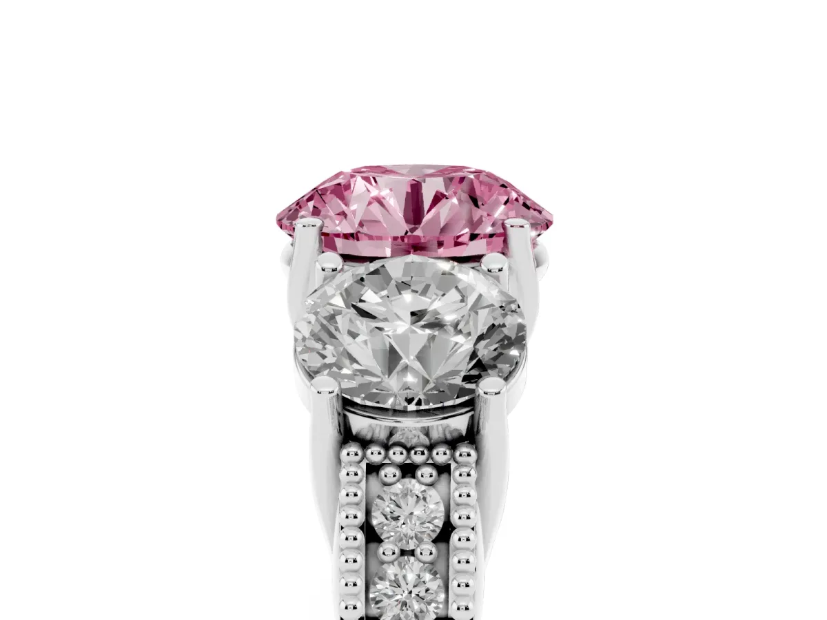 Fancy Pink Three-Stone Round Cut Cut Milgrain Pavé Engagement Ring Silver
