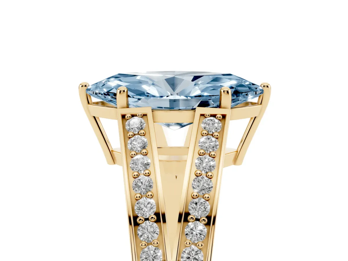 Fancy Blue Marquise Cut Diamond Split Shank Ring with Pavé Band and Four-Prong Setting Yellow gold