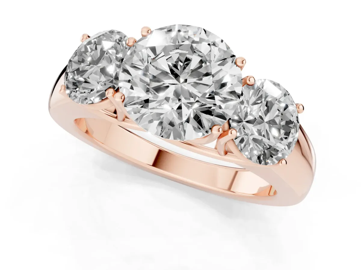 Three-Stone Round Cut Cut Diamond Ring with Prong Setting and Classic Band Rose gold