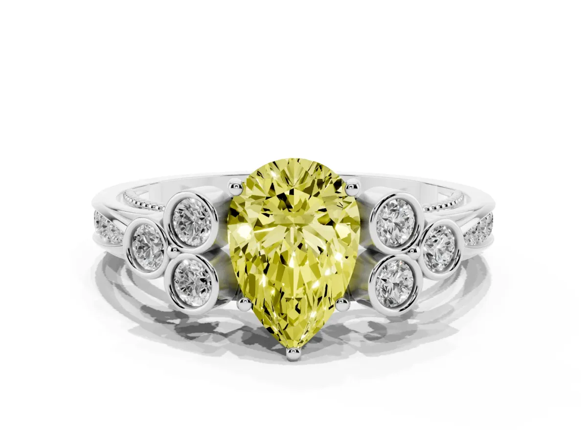 Fancy Yellow Pear Cut Cut Diamond Engagement Ring with Bezel Set Round Side Stones and Prong Setting Silver
