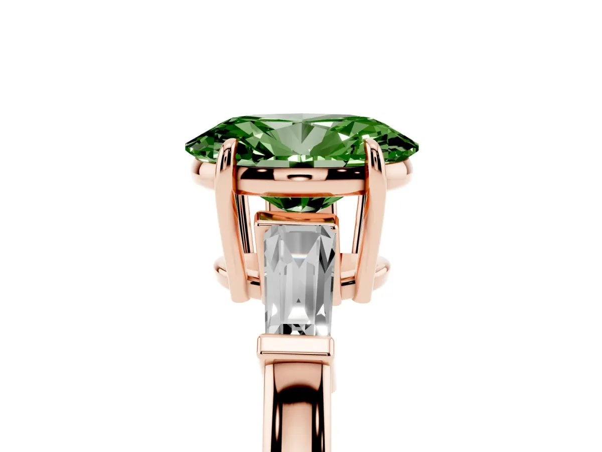 Fancy Green Oval Cut Diamond Three-Stone Ring with Tapered Baguette Side Stones and Prong Setting Rose gold