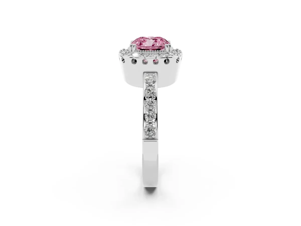 Fancy Pink Cushion Cut Diamond Halo Ring with Pavé Band and Prong Setting Silver