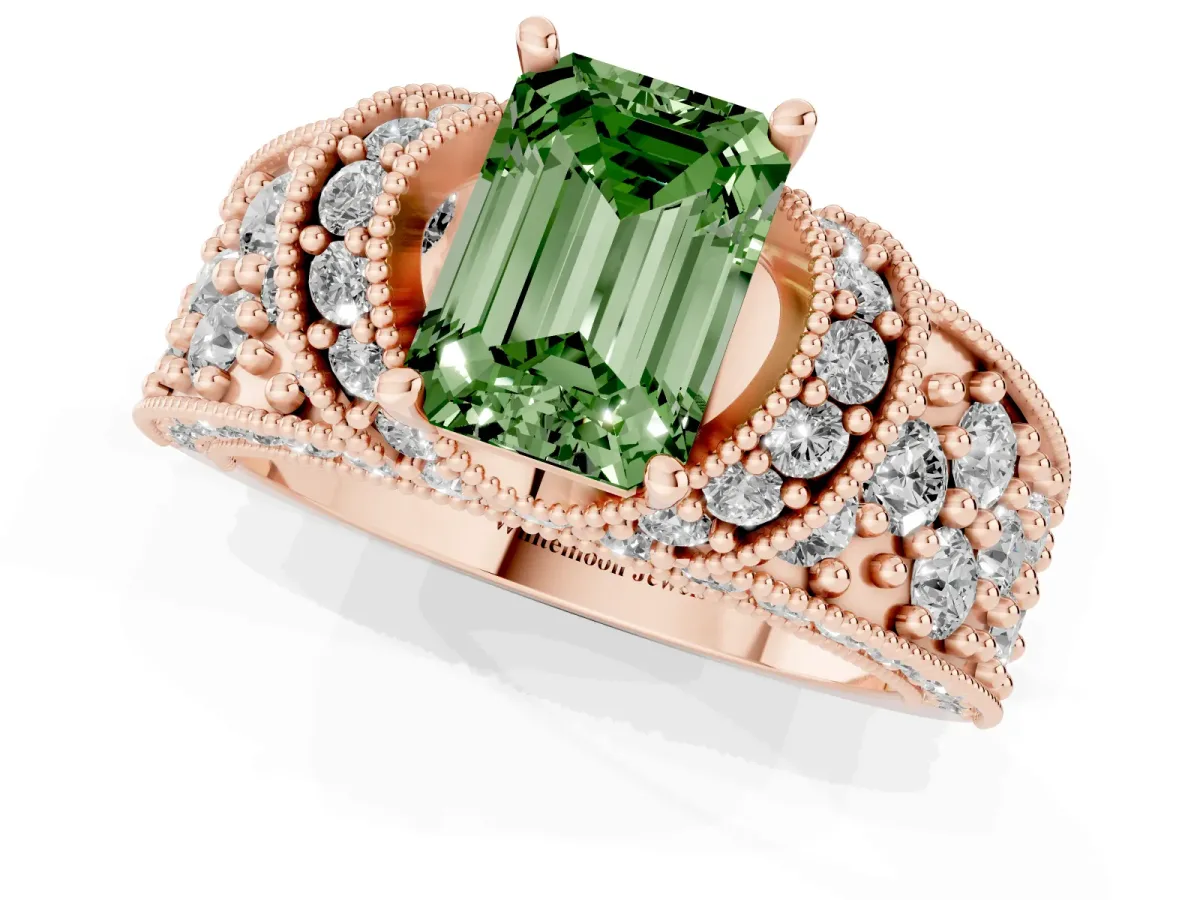 Fancy Green Emerald Cut Halo Pave Diamond Engagement Ring with Milgrain Detailing Rose gold
