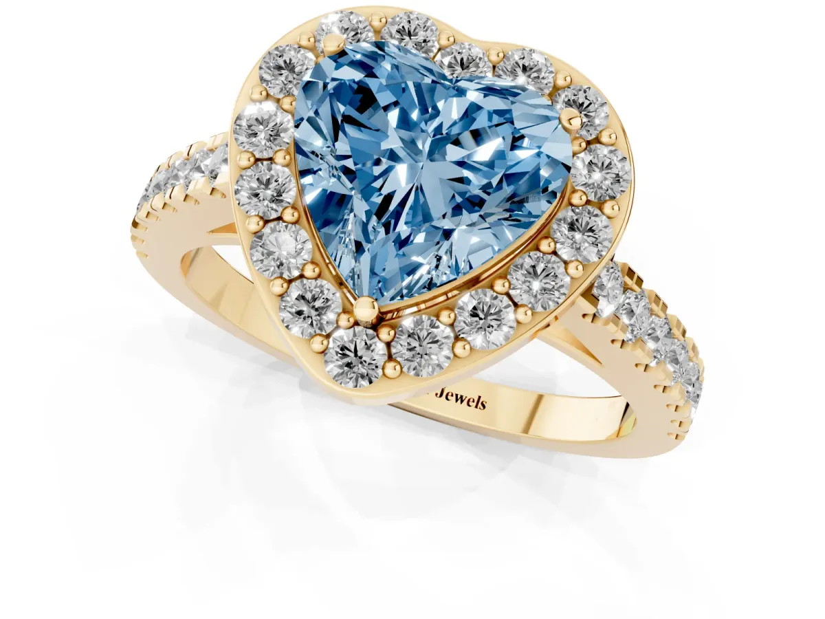 Fancy Blue Heart Cut Diamond Halo Ring with Round Pavé Split Shank and Prong Setting Yellow gold