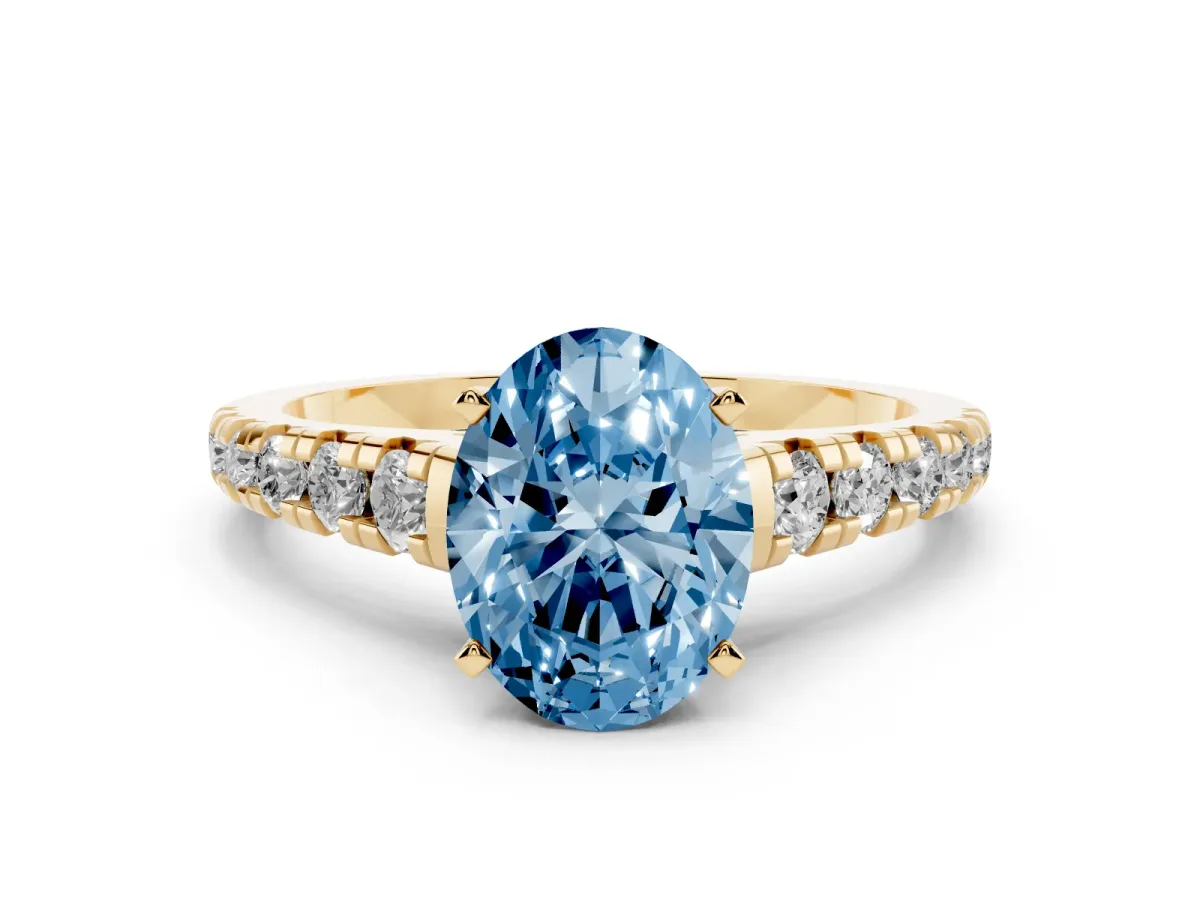 Fancy Blue Oval Cut Diamond Cathedral Solitaire Ring with Round Pavé Band Yellow gold