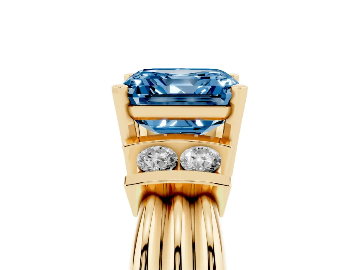 Fancy Blue Asscher Cut Cut Three-Stone Channel Set Ring with Bar Prongs Yellow gold