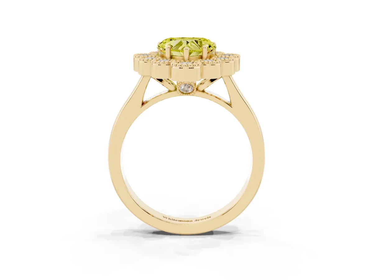 Fancy Yellow Heart Cut Halo Diamond Cluster Engagement Ring with Milgrain Bezel Setting and Solitaire Band Yellow gold