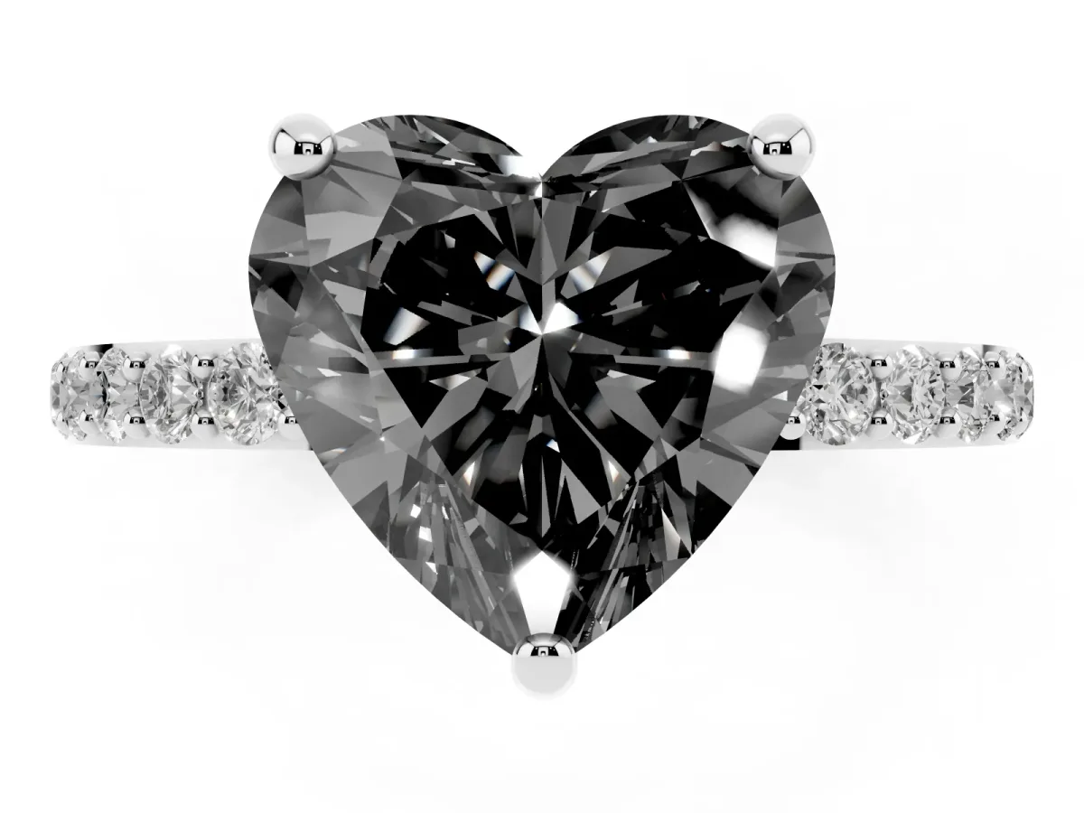 Fancy Black Heart Cut Diamond Solitaire Ring with Round Pavé Band and Prong Setting Silver