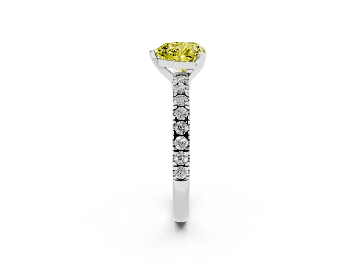Fancy Yellow Heart Cut Solitaire Diamond with Pavé Band and Four-Prong Setting Silver