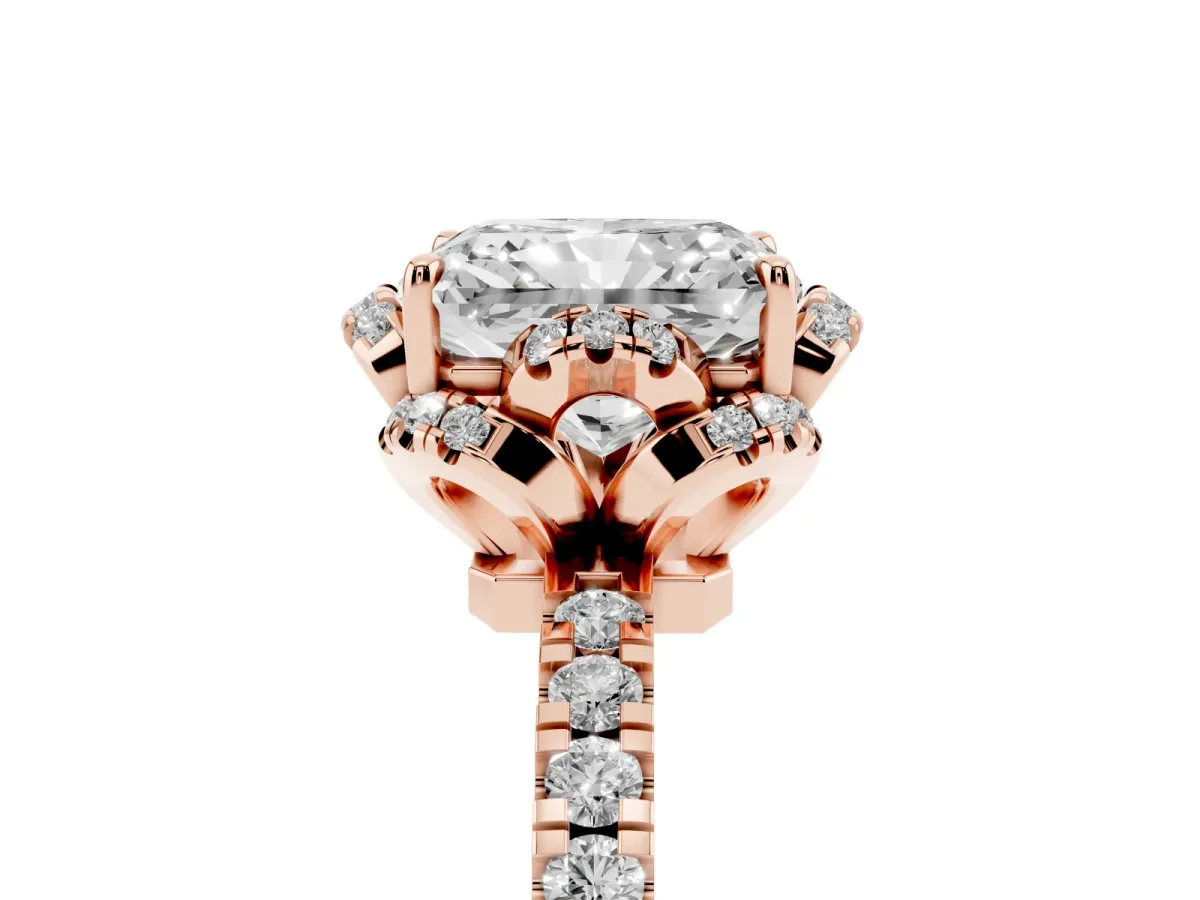 Radiant Cut Diamond Halo Pave Band with Four-Prong Setting Rose gold