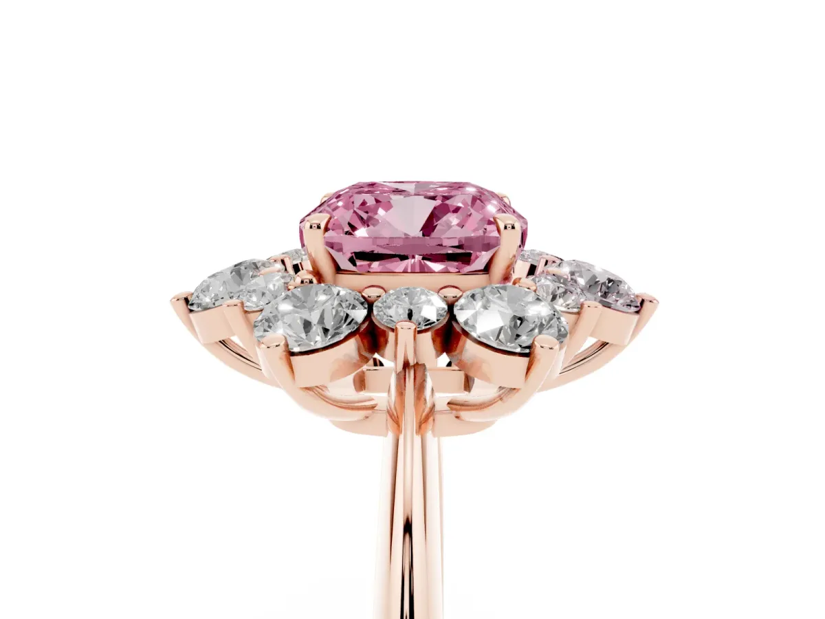 Fancy Pink Cushion Cut Diamond Cluster Halo Ring with Solitaire Band and Four-Prong Setting Rose gold