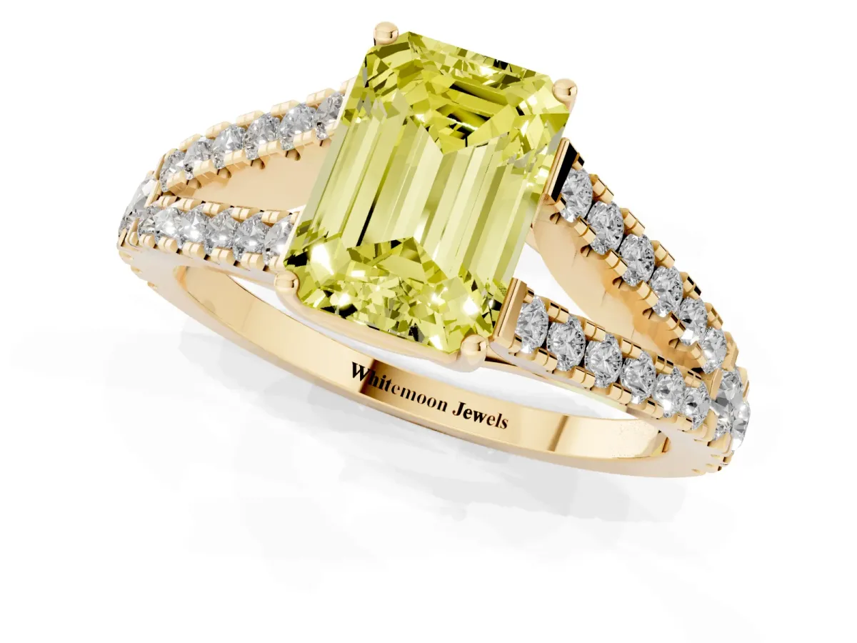 Fancy Yellow Emerald Cut Diamond Split Shank Pavé Engagement Ring with Four-Prong Setting Yellow gold
