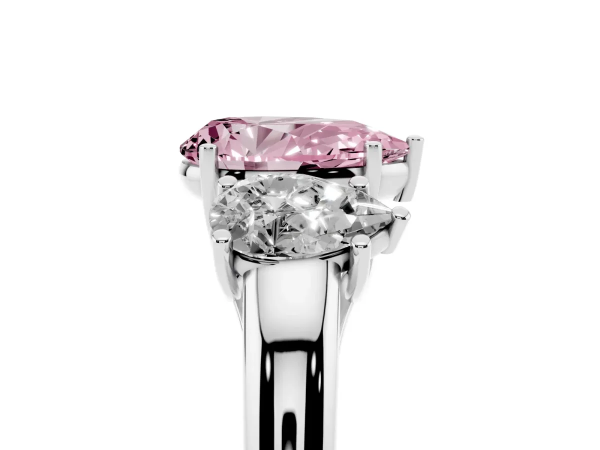 Fancy Pink Three-Stone Pear Cut Diamond Engagement Ring with Prong Setting White gold