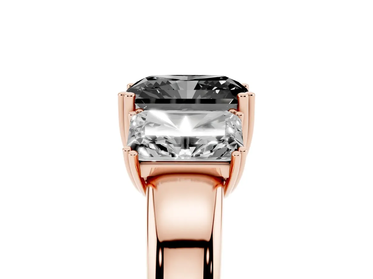 Fancy Black Three-Stone Radiant Cut Cut Diamond Ring with Channel Set Band and Four-Prong Setting Rose gold