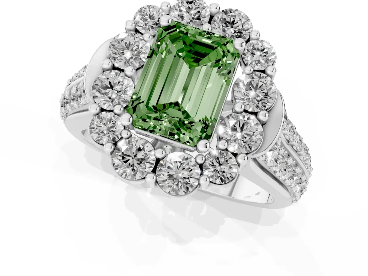 Fancy Green Emerald Cut Halo Diamond Engagement Ring with Split Shank and Prong Setting Silver