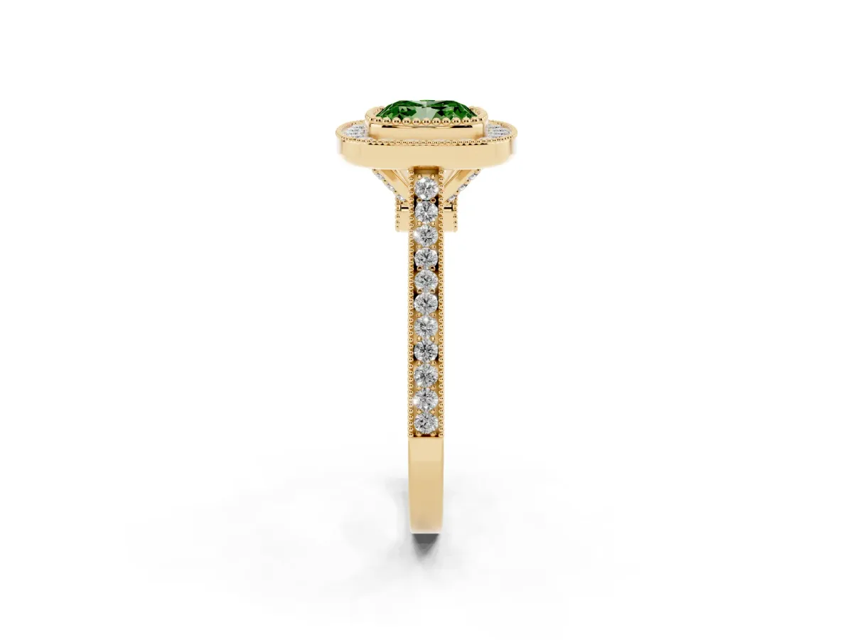 Fancy Green Cushion Cut Diamond Halo Ring with Milgrain Frame and Pavé Band Yellow gold