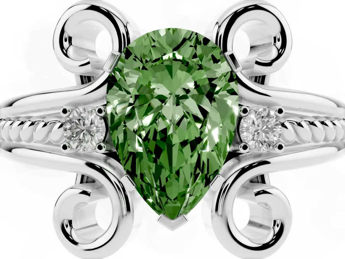 Fancy Green Pear Cut Solitaire Twisted Band Scroll Prong Ring Silver