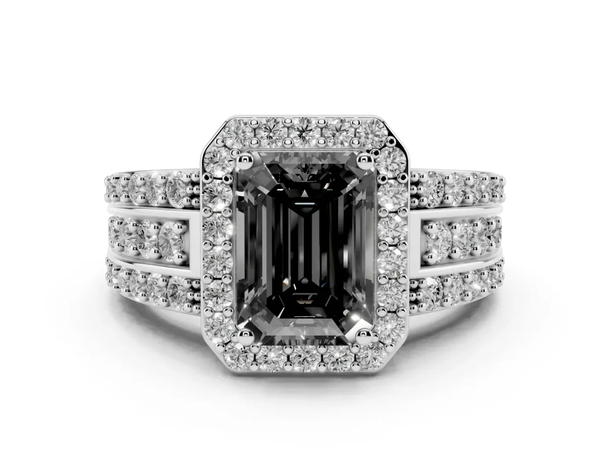 Fancy Black Emerald Cut Halo Diamond Ring with Round Split Shank and Prong Setting Platinum