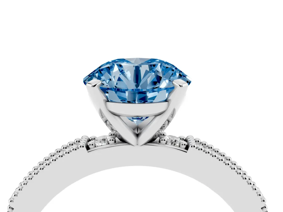 Fancy Blue Round Cut Solitaire with Pavé Band and Four-Prong Setting Platinum