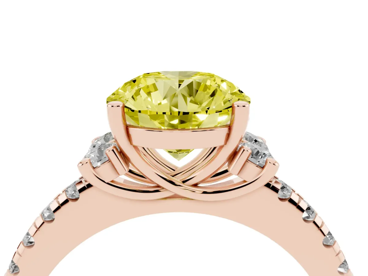 Fancy Yellow Round Cut Diamond Three-Stone Pave Band with Four-Prong Setting Rose gold