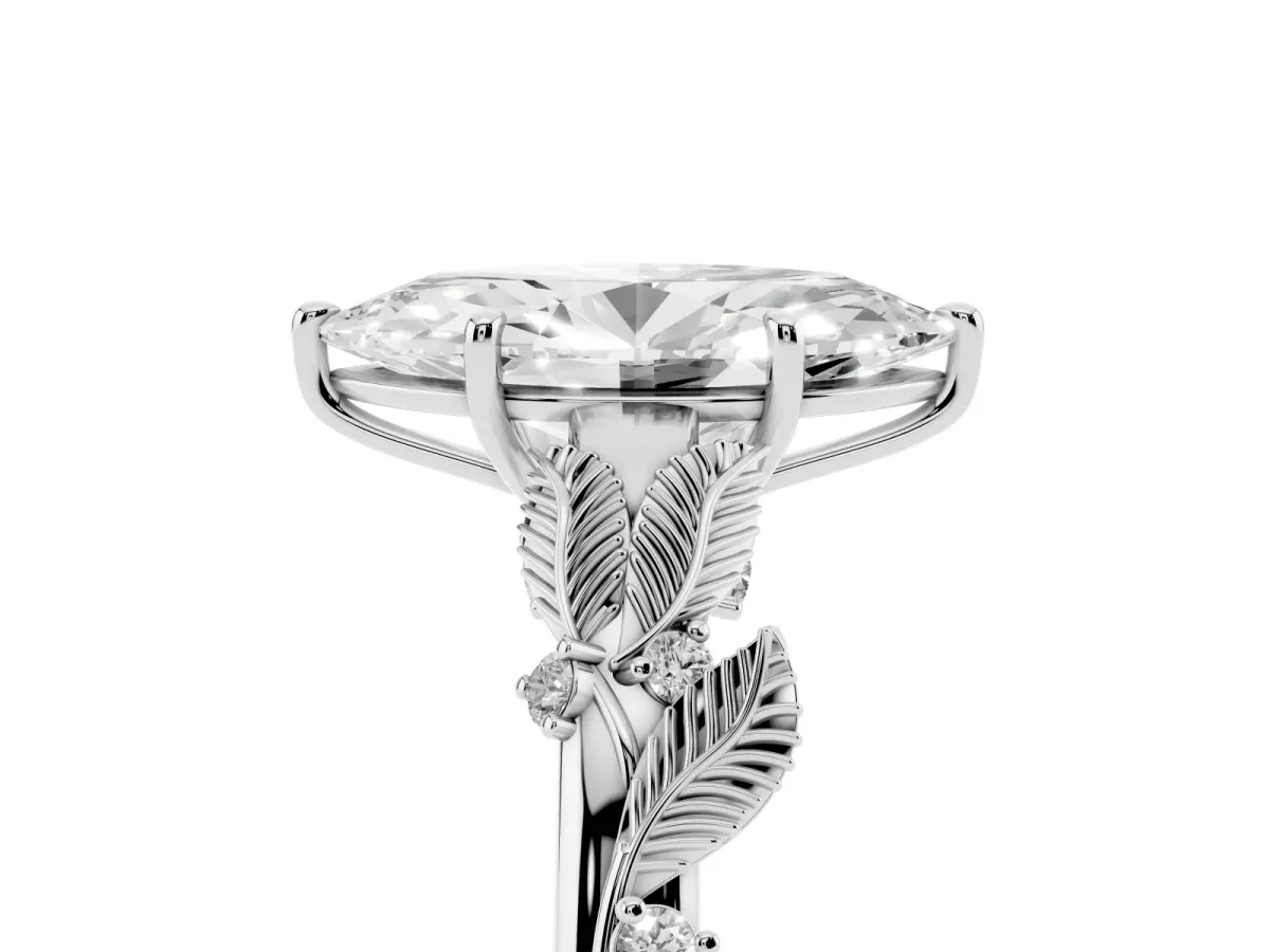 Marquise Cut Diamond Solitaire Ring with Leaf Motif Band and Four-Prong Setting Silver