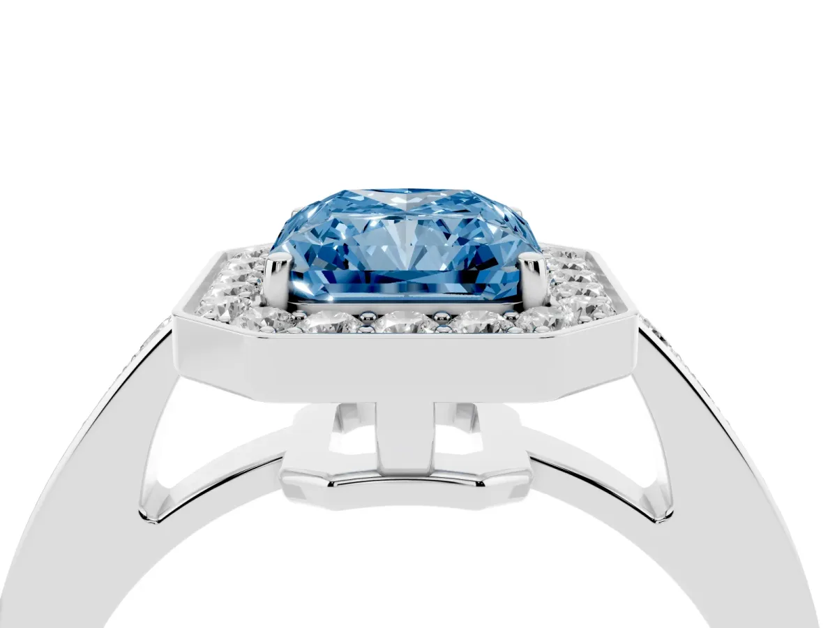 Fancy Blue Radiant Cut Halo Pavé Diamond Engagement Ring with Bezel Setting Platinum