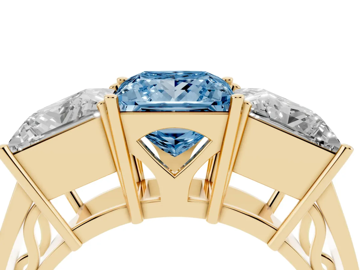 Fancy Blue Princess Cut Diamond Three-Stone Ring with Prong Setting and Textured Band Yellow gold