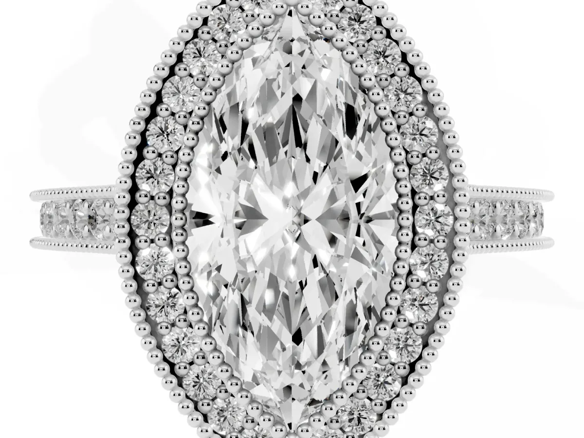 Halo Marquise Cut-Cut Diamond Pave Band Milgrain Prong Setting Ring Silver