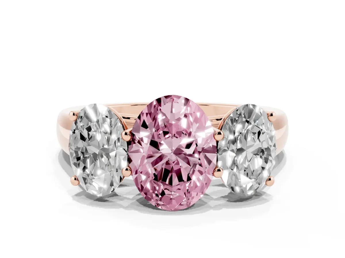 Fancy Pink Oval Cut Three-Stone Diamond Ring with Prong Setting on a Classic Band Rose gold