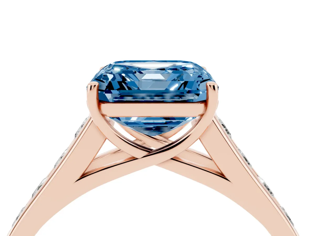 Fancy Blue Asscher Cut Solitaire Channel-Set Diamond Engagement Ring with Four-Prong Setting Rose gold