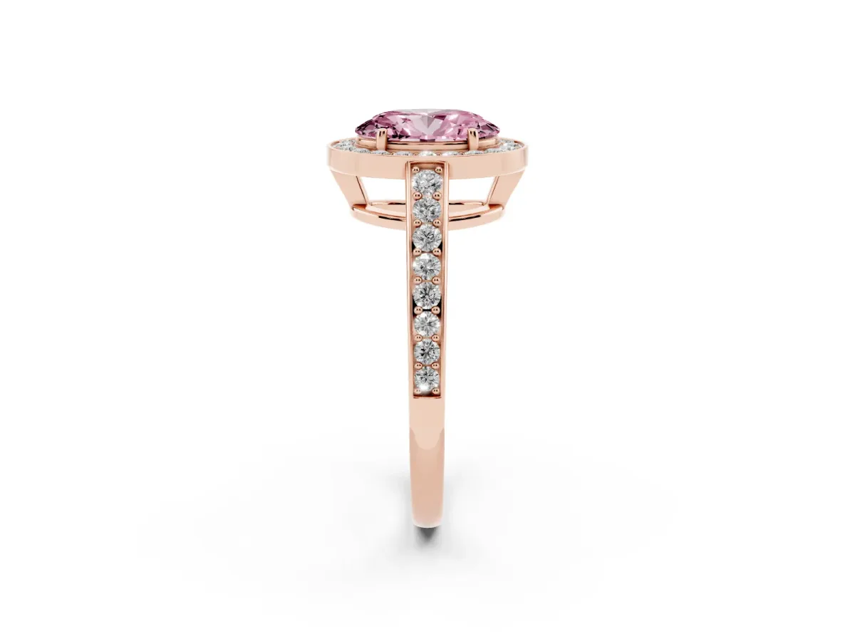 Fancy Pink Oval Cut Halo Pavé Diamond Engagement Ring with Bezel Setting Rose gold