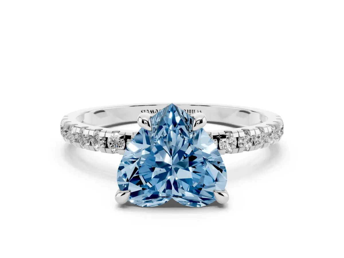 Fancy Blue Heart Cut Diamond Brilliant Solitaire Ring with Pavé Band and Four-Prong Setting Platinum