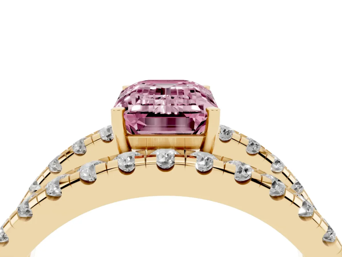 Fancy Pink Emerald Cut Solitaire Split Shank Pave Diamond Ring Yellow gold