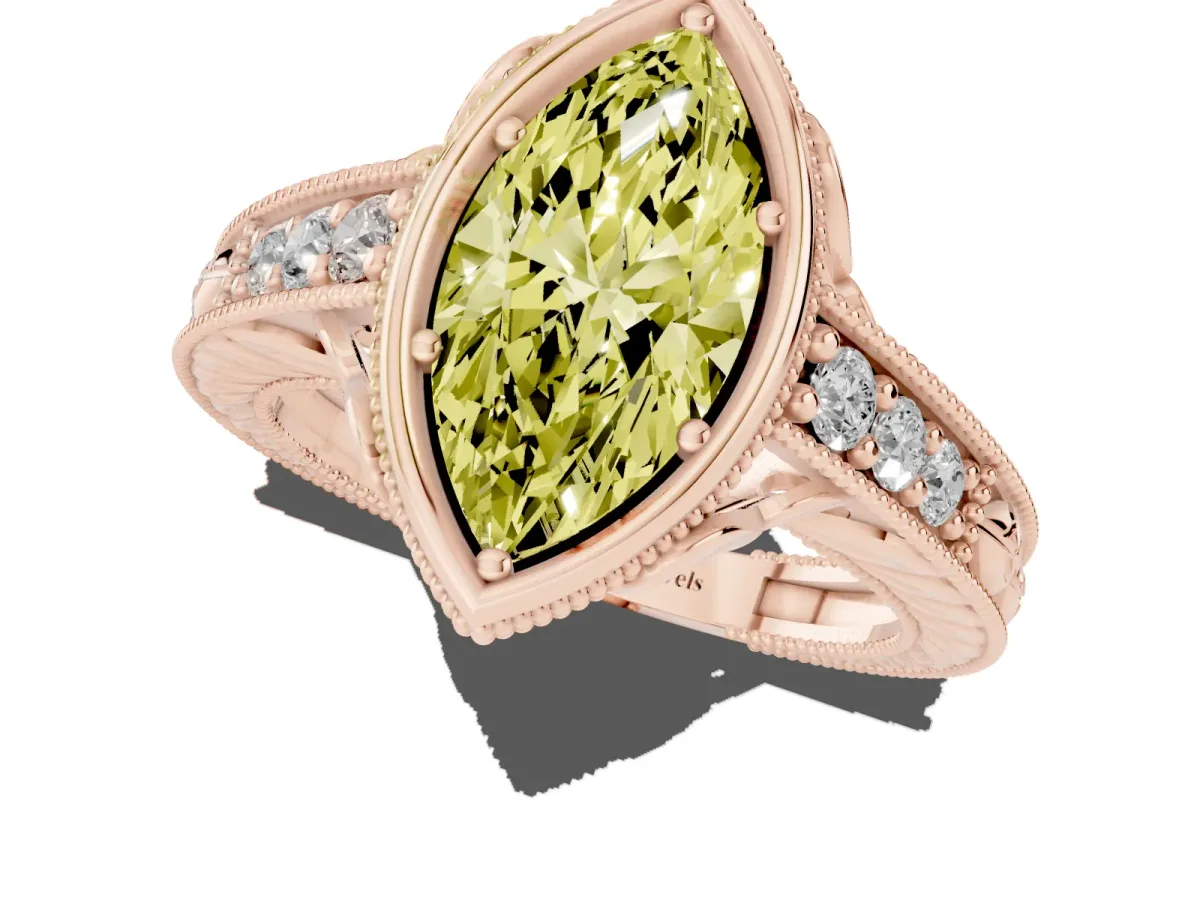 Fancy Yellow Bezel Set Marquise Cut Diamond Milgrain Pave Engagement Ring Rose gold