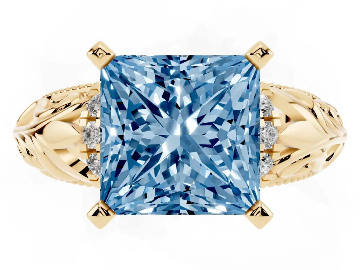 Fancy Blue Princess Cut Solitaire Filigree Engagement Ring with Halo and Prong Setting Yellow gold