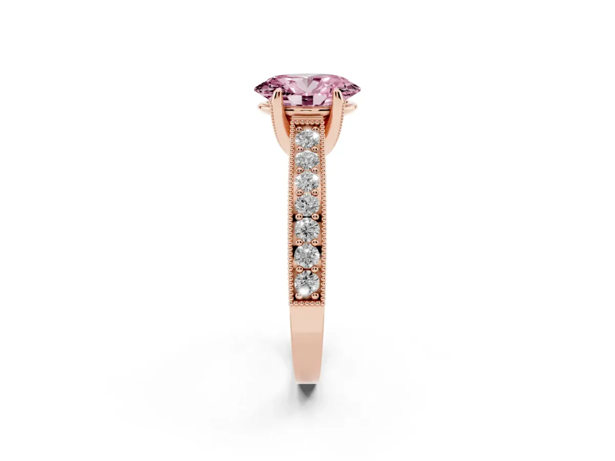 Fancy Pink Oval Cut Cut Diamond Solitaire Ring with Milgrain Pave Band and Four Prong Setting Rose gold