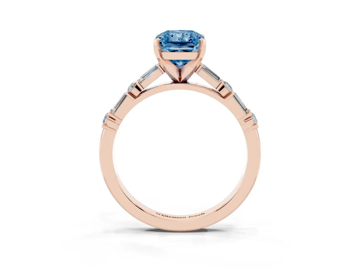 Fancy Blue Radiant Cut Diamond Solitaire with Side Baguettes and Channel Set Band Rose gold