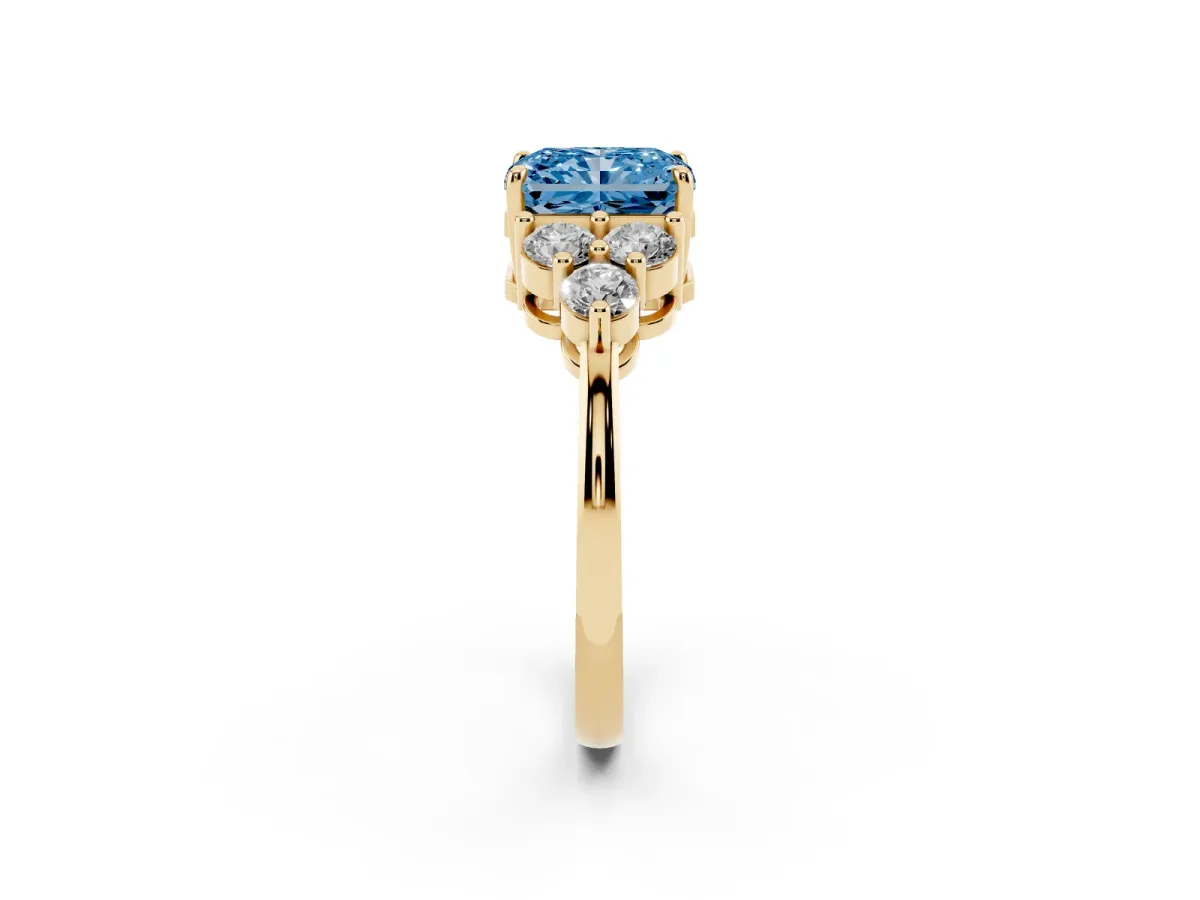 Fancy Blue Radiant Cut Brilliant Diamond Cluster Accent Solitaire Ring with Prong Setting Yellow gold
