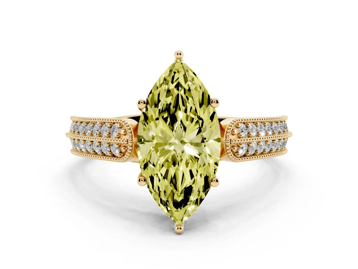 Fancy Yellow Marquise Cut Cut Pave Split Shank Engagement Ring with Four-Prong Setting Yellow gold
