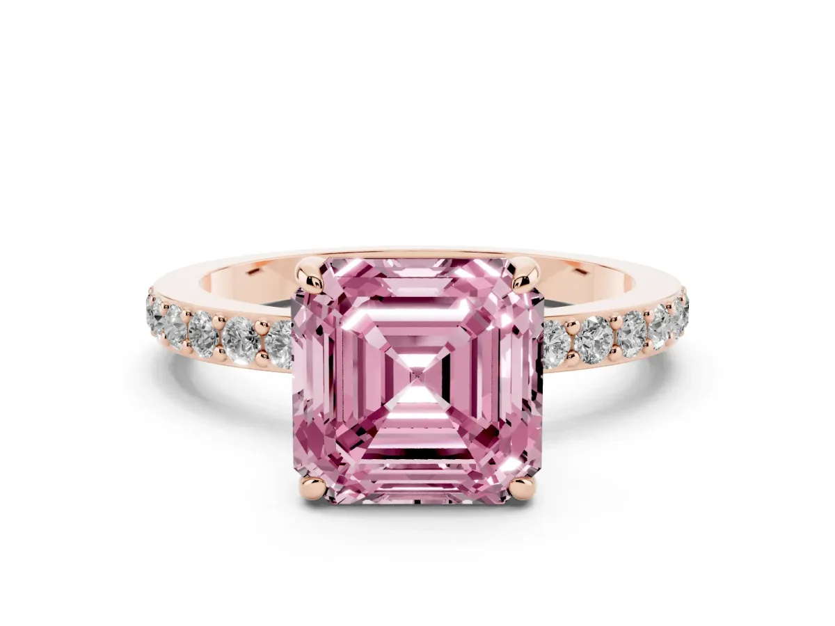 Fancy Pink Asscher Cut Diamond Solitaire Engagement Ring with Pavé Band and Four-Prong Setting Rose gold