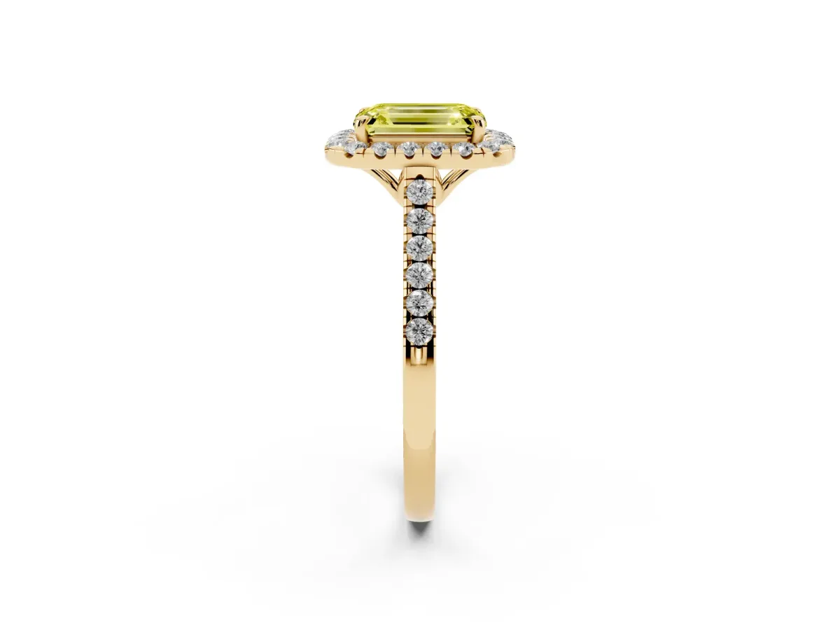 Fancy Yellow Emerald Cut Halo Pavé Diamond Engagement Ring with Four-Prong Setting Yellow gold