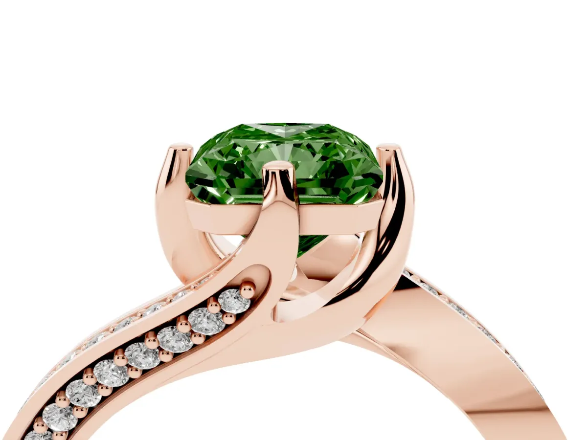 Fancy Green Radiant Cut Solitaire Diamond Twist Band with Pavé Setting and Four-Prong Setting Rose gold