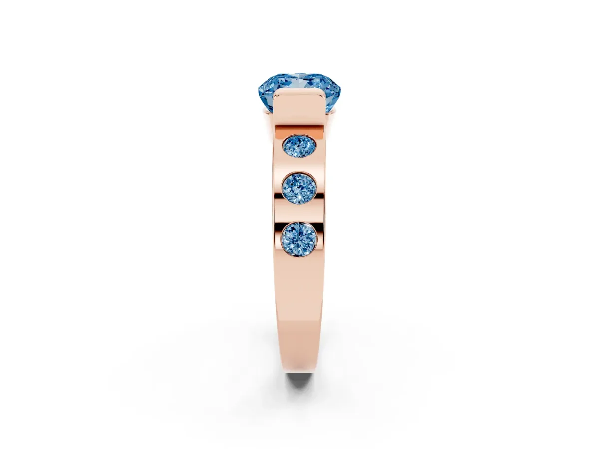 Fancy Blue Cushion Cut Brilliant Channel-Set Diamond Ring with Bezel Prong Setting Rose gold
