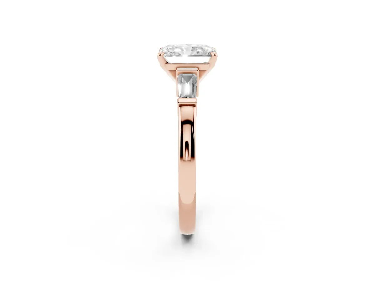 Radiant Cut Cut Diamond Solitaire Ring with Tapered Baguette Accents and Four-Prong Setting Rose gold