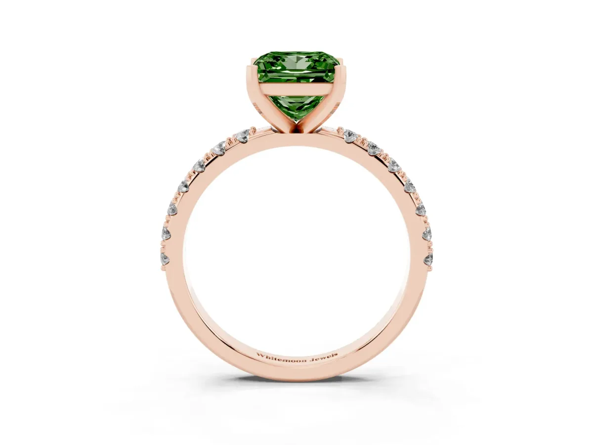 Fancy Green Princess Cut Diamond Solitaire Pavé Band with Four-Prong Setting Rose gold